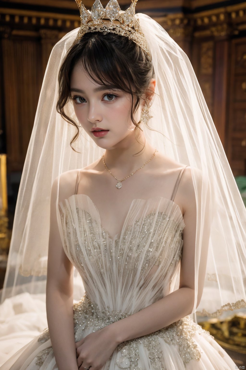  Ultra-clear 8k, real, night, smile, crown, necklace, perspective, hanger, nudity, diamonds, bridal veil, Golden wedding dress, 1 girl, 