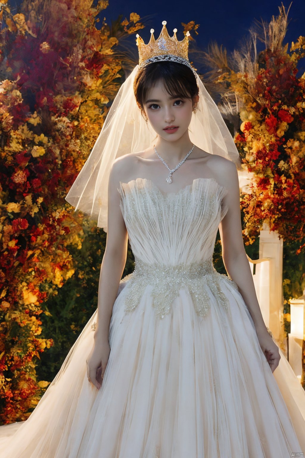  Ultra-clear 8k, real, night, smile, crown, necklace, perspective, hanger, nudity, diamonds, bridal veil, Golden wedding dress, 1 girl, 