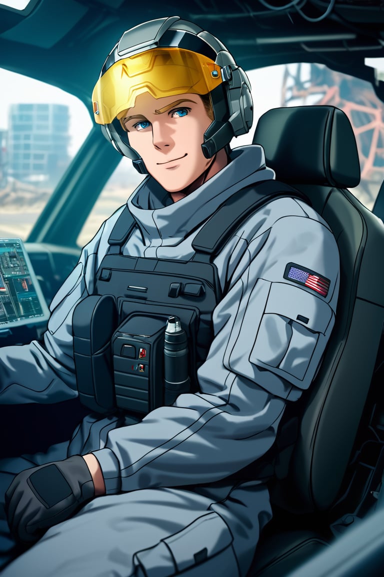 score_9,score_8_up,score_7_up, solo male, Lewis Smith \(Brave Bang Bravern\), ((blond hair)), short hair, blue eyes, ((grey pilot jumpsuit, gray pilot  jumpsuit, grey sleeves)), (black tactical vest), helmet, yellow visor, (eyes behind visor), holding helmet, padded sleeves, tactical gloves, (upperbody), from front, mature, handsome, charming, alluring, beefy, intense eyes, smile, serious, sad, fatigue, exertion, helpless, sitting, huge industrial mecha, mecha cockpit, operator's seat, throttle, joystick, seatbelt, multiple monitor screen, perfect anatomy, perfect proportions, best quality, masterpiece, high_resolution, dutch angle, photo background, science fiction, mecha, multiple monitors, cinematic, war, mecha, robot, cinematic still, emotional, harmonious, vignette, bokeh, cinemascope, moody, epic, gorgeous, city ruins, 