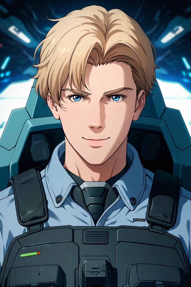 score_9,score_8_up,score_7_up, solo male, Lewis Smith, (blond hair), short hair, blue eyes, (grey pilot jumpsuit, grey sleeves), (black tactical vest), mecha cockpit, (close-up, headshot:1.5), from front, mature, handsome, charming, alluring, masculine, intense eyes, v-shaped eyebrows, smile, look at viewer, sitting, huge industrial mecha, mecha cockpit, operator's seat, throttle, joystick, seatbelt, multiple monitor screen, perfect anatomy, perfect proportions, best quality, masterpiece, high_resolution, (symmetrical picture, front view:1.5), photo background, science fiction, mecha, multiple monitors, cinematic, war, mecha, robot, cinematic still, emotional, harmonious, vignette, bokeh, cinemascope, moody, epic, gorgeous, city ruins, inside the mecha