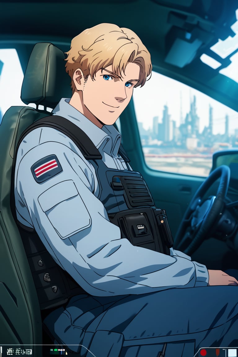 score_9,score_8_up,score_7_up, solo male, Lewis Smith, (blond hair), short hair, blue eyes, (grey pilot jumpsuit, grey sleeves), (black tactical vest), mecha cockpit, (upperbody), from front, mature, handsome, charming, alluring, masculine, intense eyes, v-shaped eyebrows, smile, look at viewer, sitting, huge industrial mecha, mecha cockpit, operator's seat, throttle, joystick, seatbelt, multiple monitor screen, perfect anatomy, perfect proportions, best quality, masterpiece, high_resolution, (symmetrical picture, front view), photo background, science fiction, mecha, multiple monitors, cinematic, war, mecha, robot, cinematic still, emotional, harmonious, vignette, bokeh, cinemascope, moody, epic, gorgeous, city ruins, inside the mecha