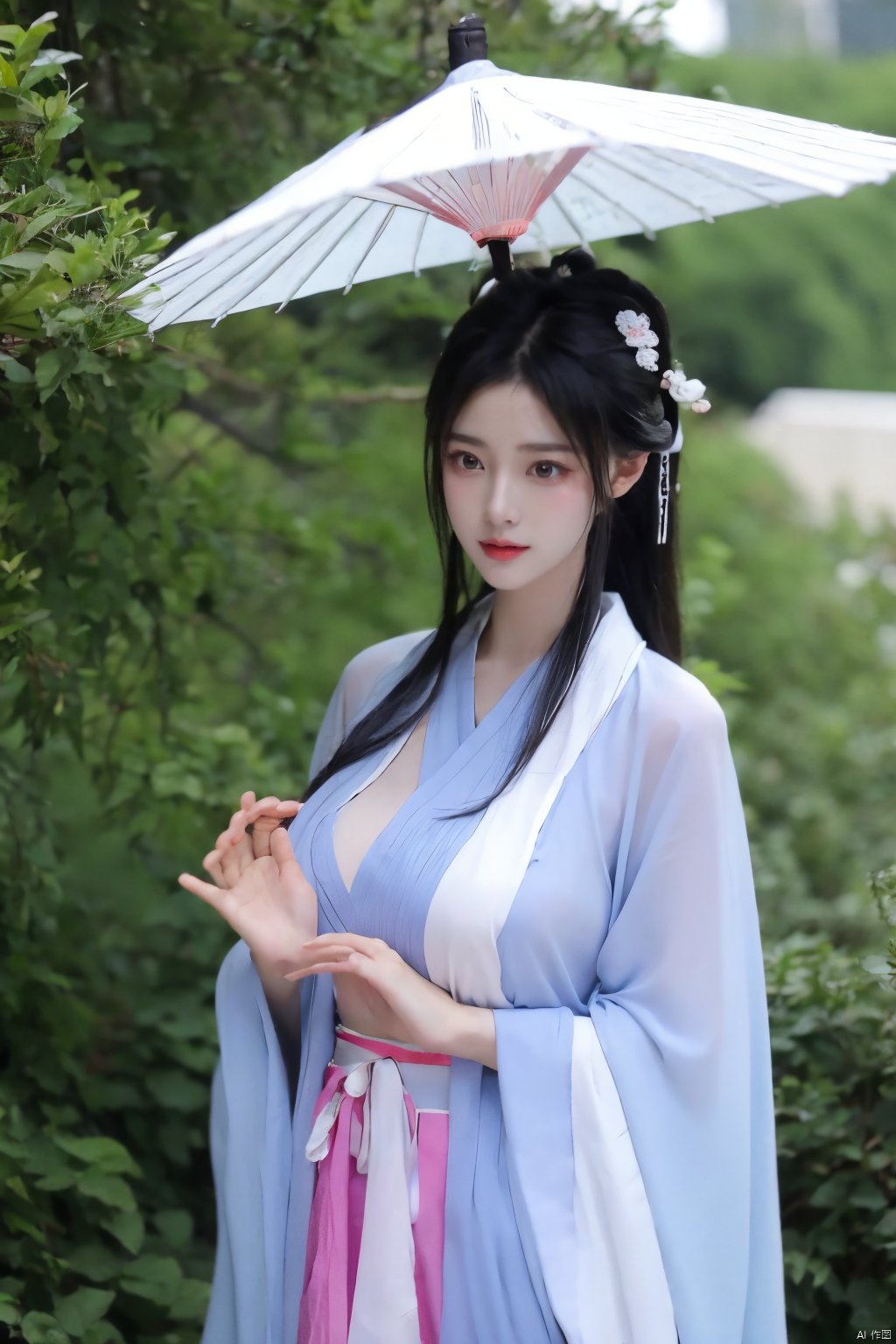 1girl,Oil-paper umbrella,pink hanfu,hair flower,holding umbrella,(big breasts:1.39),