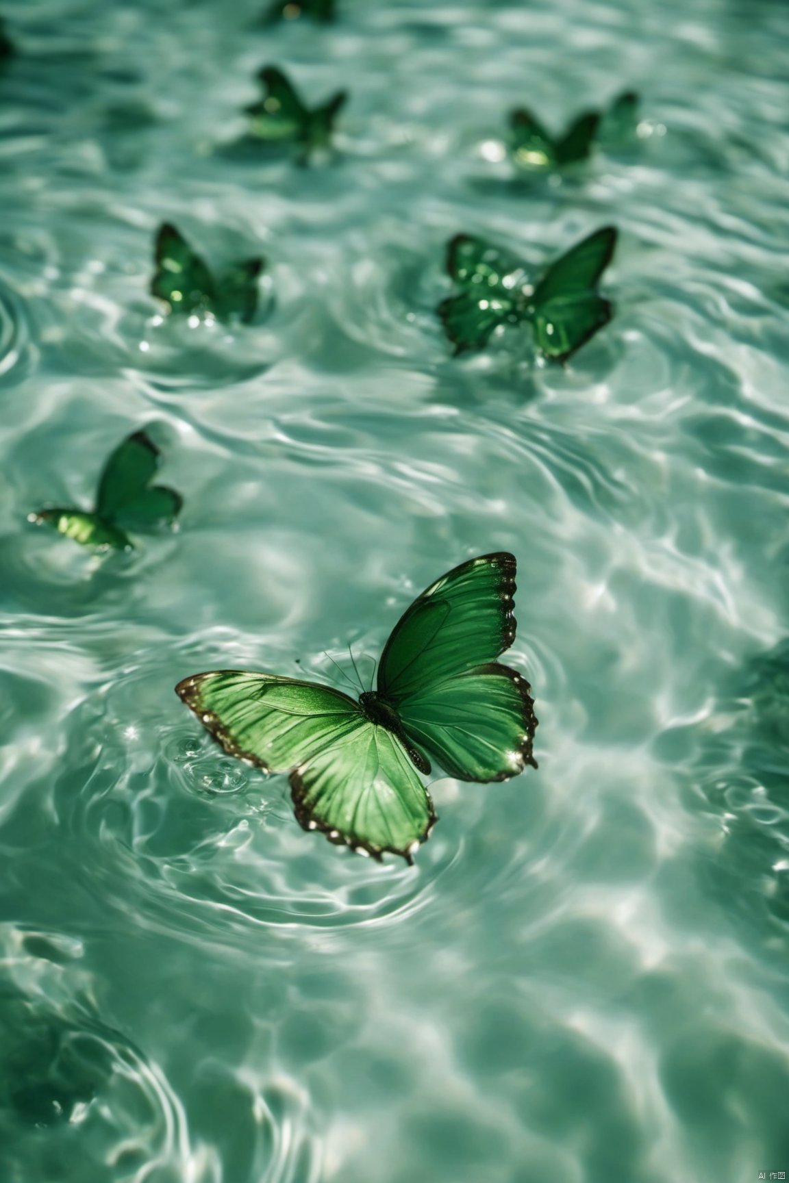 Water_butterfly,green butterfly,water,water ripples