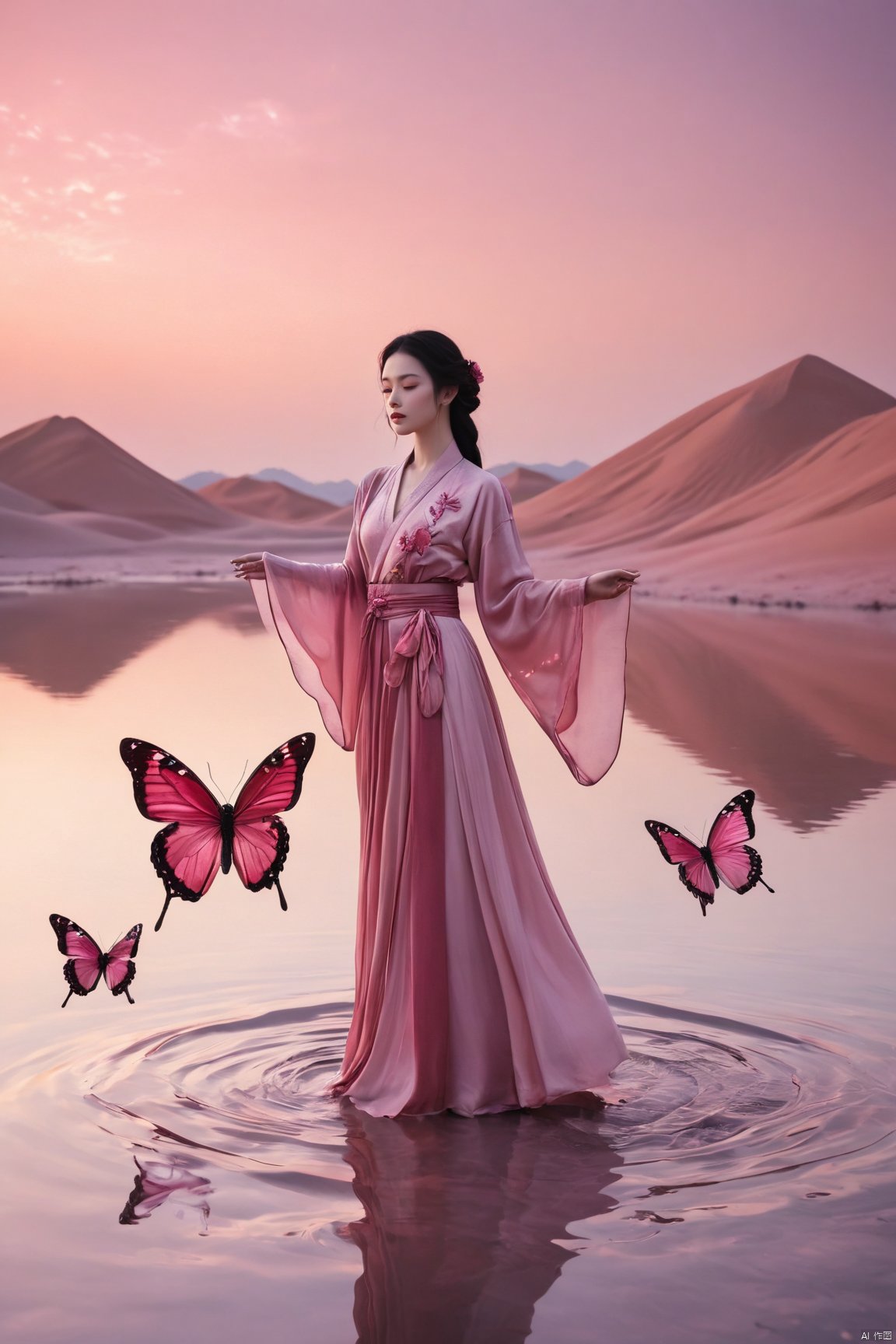 X-Rose,rose,red,pink,puWater_butterfly,butterfly,water,water ripplesrpleX-Rose,rose,red,pink,purple, Silhouette_Landscape, Water_butterfly, desert_sky, weijin_hanfu, medusa