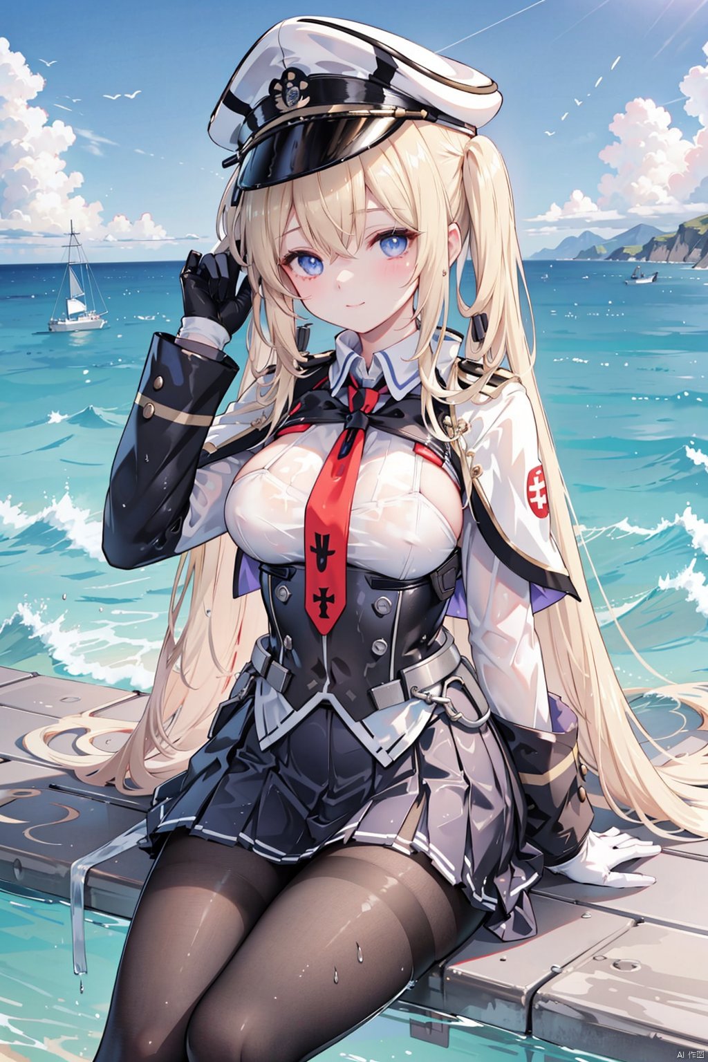 , 1girl, graf zeppelin \(kancolle\), pantyhose, blonde hair, breasts, wet clothes, solo, hat, twintails, wet, skirt, sidelocks, peaked cap, black pantyhose, large breasts, see-through, necktie, looking at viewer, bra, underwear, outdoors, sky, day, sitting, hair between eyes, uniform, gloves, capelet, cloud, blush, miniskirt, military, black gloves, long sleeves, water, military uniform, ocean, long hair, blue eyes, smile, blue sky, purple eyes, partially submerged, wariza, black skirt, closed mouth, white headwear, pleated skirt