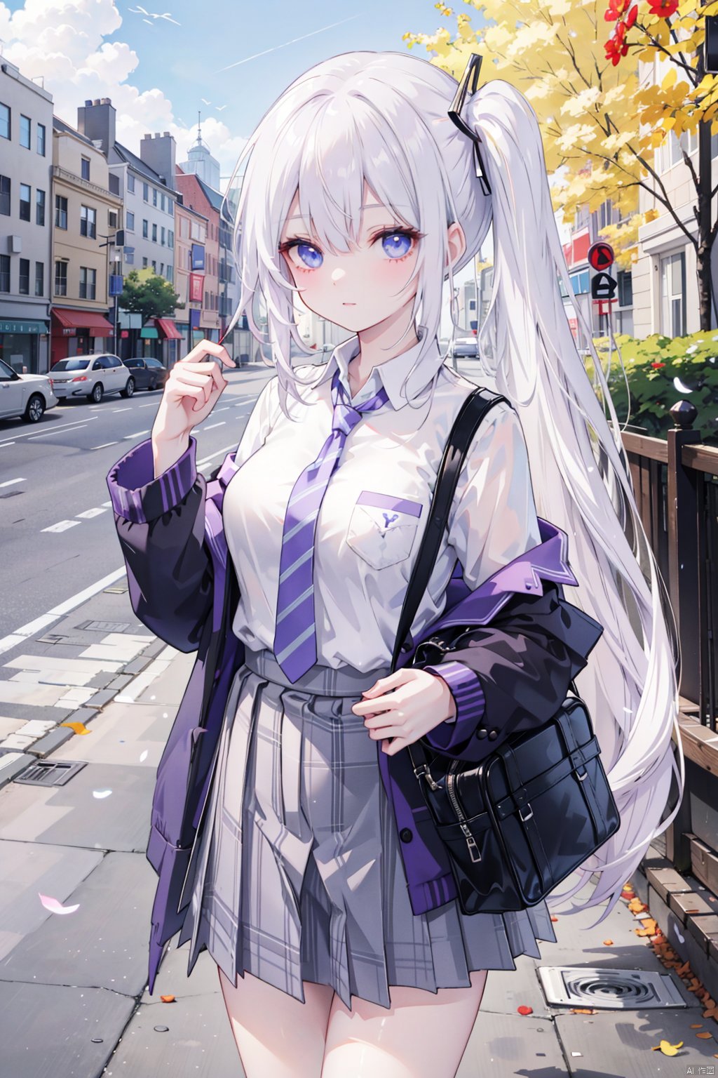 , 1girl, solo, skirt, necktie, shirt, white hair, striped necktie, white shirt, pleated skirt, looking at viewer, plaid skirt, collared shirt, long sleeves, outdoors, bangs, plaid, striped, grass, hair between eyes, one side up, pale skin, blue skirt, school uniform, pocket, purple eyes, smile, closed mouth, hand up, arm at side, day, breast pocket, dress shirt, from above, standing, side ponytail, wing collar, bag, blue eyes, parted lips, cowboy shot, green necktie, white skin, purple skirt, hand on own chest, long hair, jacket