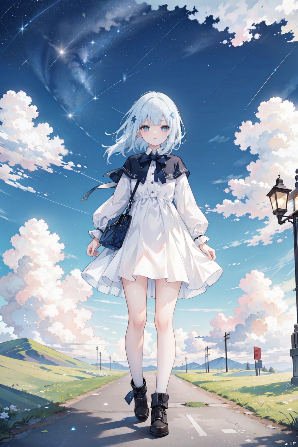 , 1girl, scenery, sky, solo, cloud, outdoors, cloudy sky, long hair, standing, light particles, star \(sky\), lamppost, dress, grass, fantasy, short hair, road, starry sky, field