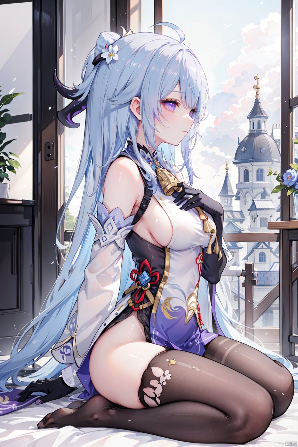 , 1girl, solo, breasts, ganyu \(genshin impact\), horns, long hair, detached sleeves, sitting, gloves, ahoge, blue hair, black gloves, purple eyes, from side, bell, sideboob, large breasts, bare shoulders, flower, goat horns, vision \(genshin impact\), bangs, white sleeves, pantyhose, blue flower, bodystocking, neck bell, low ponytail, profile, bow, sidelocks, long sleeves, seiza, cowbell, black pantyhose, very long hair, thighs, closed mouth