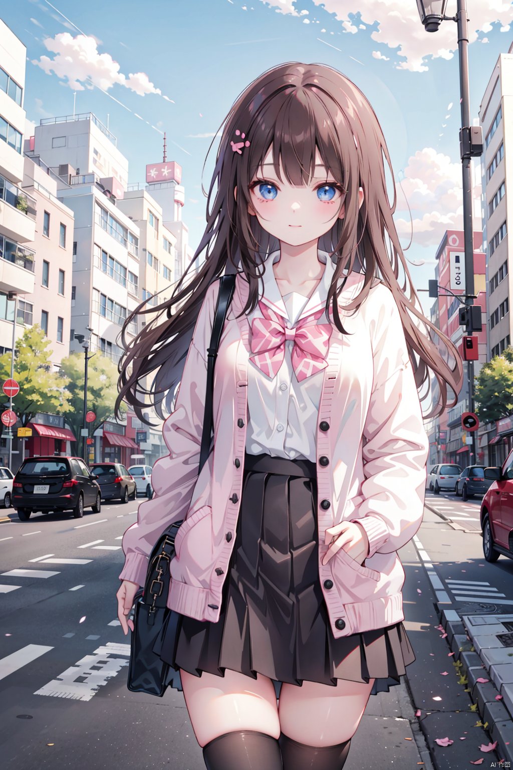 , sign, skirt, thighhighs, ground vehicle, letterboxed, day, bow, outdoors, shirt, building, holding, camera, pleated skirt, open clothes, car, 1girl, school uniform, motor vehicle, sky, bowtie, white shirt, pink jacket, long sleeves, holding camera, standing, red bow, jacket, blue eyes, blue sky, plant, solo focus, open jacket, road sign, bangs, bag, black hair, zettai ryouiki, serafuku, white thighhighs, black skirt, cloud, city, long hair, open cardigan, road, red bowtie, scenery, miniskirt, english text, cowboy shot, traffic light, cardigan, pink cardigan, sailor collar, closed mouth, brown hair, street, bus, lamppost, buttons, storefront, looking away, sunlight, pink bow, looking to the side, parted lips, railing, hair ornament, smile, window, tree, solo