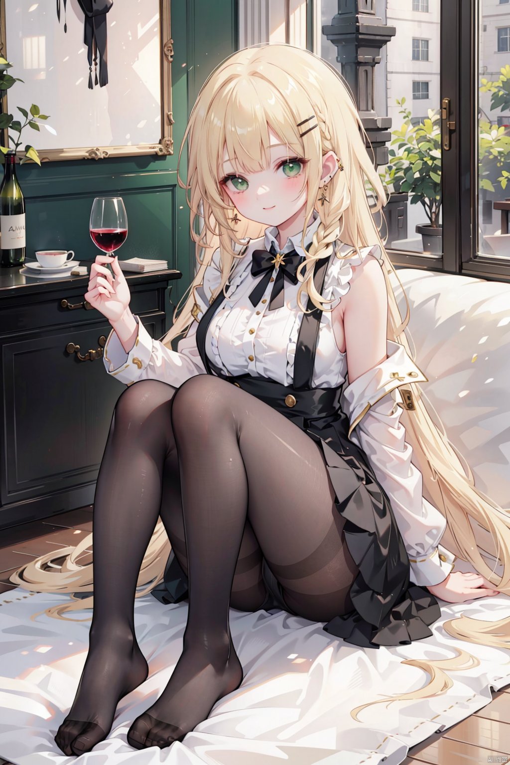  , 1girl, pantyhose, blonde hair, green eyes, long hair, cup, wine glass, jewelry, drinking glass, solo, earrings, hair ornament, braid, looking at viewer, smile, sitting, dress, feet, official alternate costume, no shoes, blush, hairclip, black pantyhose, holding, holding cup