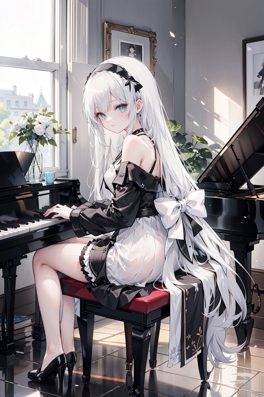 , an-94 \(girls' frontline\), 1girl, piano, long hair, gloves, solo, dress, weapon, high heels, rifle, gun, assault rifle, looking at viewer, sitting, black dress, black gloves, instrument, signature, bangs, dated, black footwear, off-shoulder dress, sidelocks, hairband, closed mouth, braid, french braid, breasts, ribbon, off shoulder, bare shoulders, hair ribbon, very long hair, grand piano, short sleeves, artist name, aqua eyes, medium breasts, indoors, kalashnikov rifle, jewelry, alternate costume, white hair, full body, official alternate costume, wooden floor, shoes, ak-12 \(girls' frontline\), hair ornament, black ribbon, smile, from side, looking back, necklace, collarbone, grey hair, light particles, black hairband