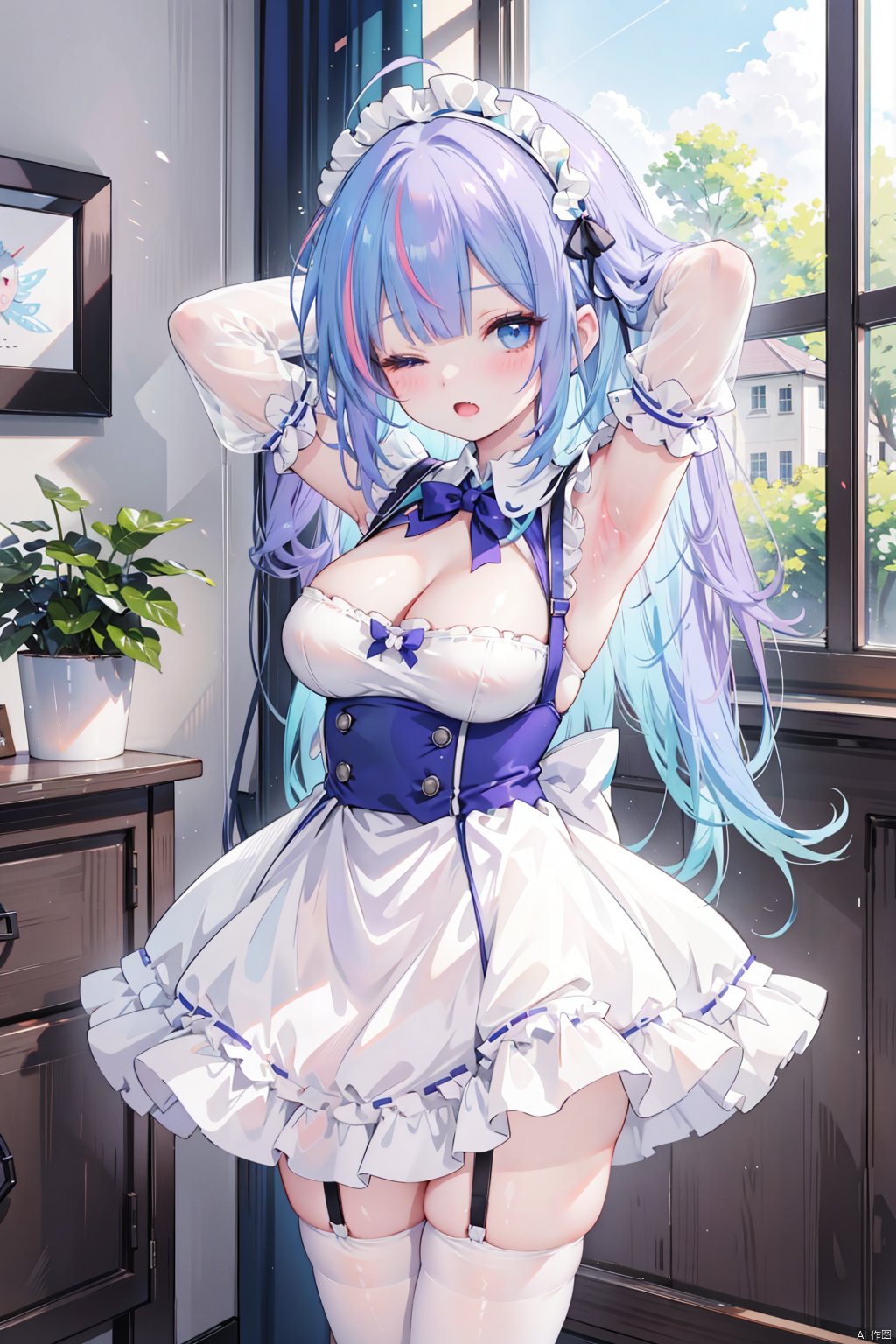 , 1girl, breasts, cheshire \(azur lane\), manjuu \(azur lane\), thighhighs, one eye closed, cleavage, multicolored hair, large breasts, garter straps, arms up, streaked hair, looking at viewer, detached sleeves, maid headdress, dress, animal ears, white thighhighs, armpits, purple hair, fang, frills, maid, open mouth, hairband, blue eyes, fake animal ears, solo, frilled hairband, bird, aqua eyes, zettai ryouiki, two-tone hair, skin fang, indoors, blush, thighs, stretching, wrist cuffs, chick, arms behind head, blue hair, ribbon, short hair, standing, ahoge