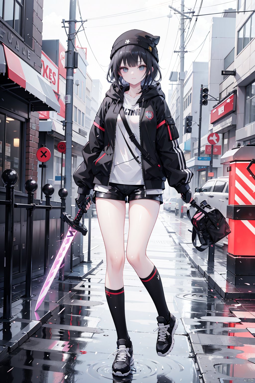 , 1girl, weapon, sword, solo, jacket, hat, short hair, holding, sheath, katana, open clothes, black hair, socks, shoes, rain, holding weapon, open jacket, building, looking at viewer, long sleeves, beanie, shorts, holding sword, city, hood down, dutch angle, smile, bangs, outdoors, hood, standing, kneehighs, black footwear, neon lights, gloves, standing on one leg, black jacket, black socks, sheathed, night, zipper, leg up, shirt, black eyes, city lights, sign, short shorts, closed mouth, holographic interface, white headwear, sneakers, hooded jacket