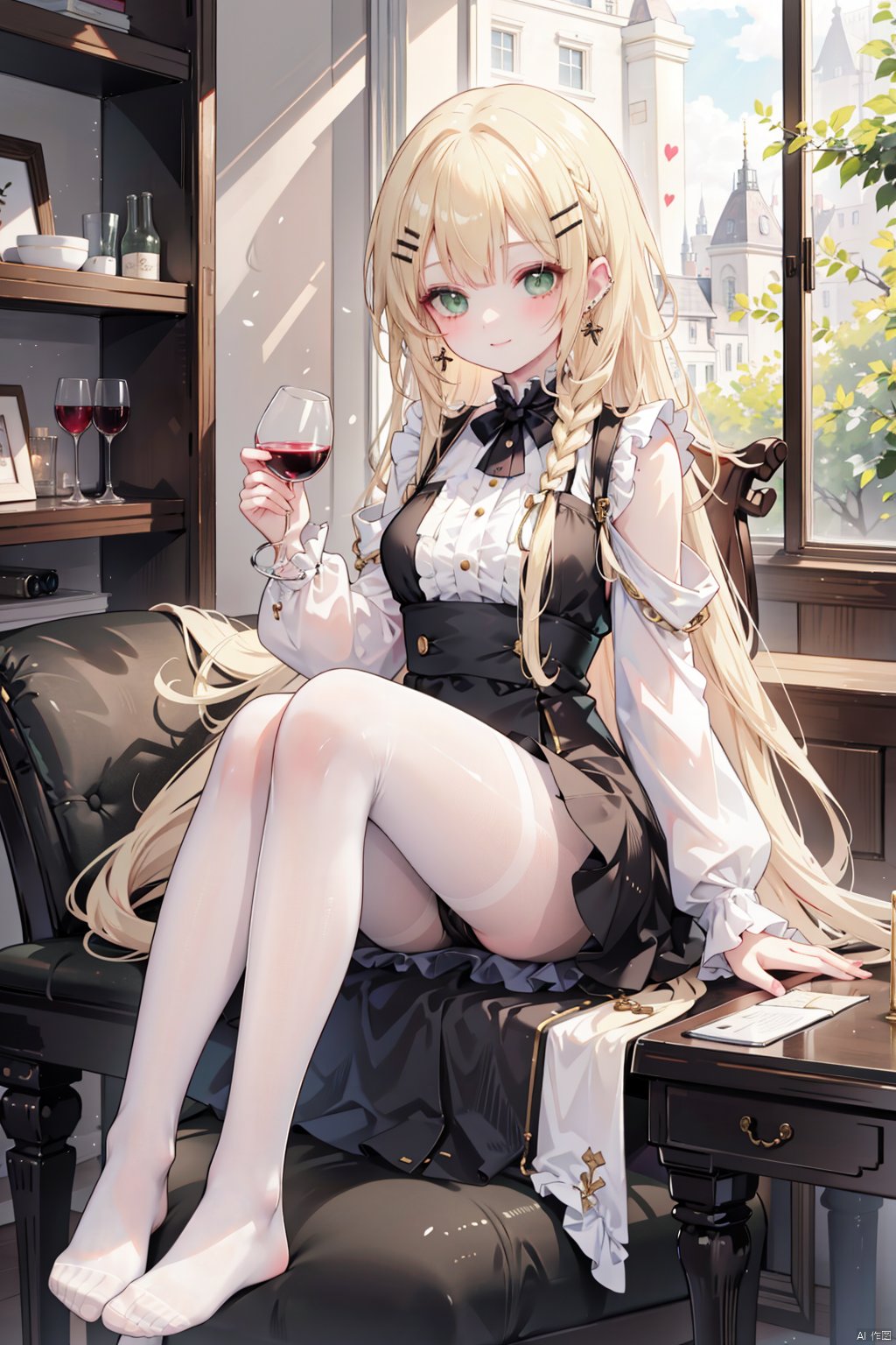  , 1girl, pantyhose, blonde hair, green eyes, long hair, cup, wine glass, jewelry, drinking glass, solo, earrings, hair ornament, braid, looking at viewer, smile, sitting, dress, feet, official alternate costume, no shoes, blush, hairclip, black pantyhose, holding, holding cup