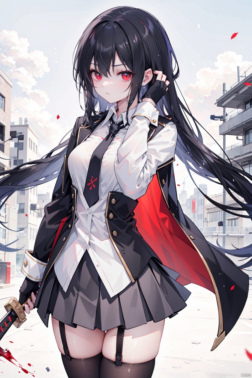 , 1girl, solo, skirt, weapon, sword, shirt, long hair, holding, white shirt, jacket, pleated skirt, red eyes, blood, holding weapon, open clothes, holding sword, rain, black hair, blurry, gloves, black jacket, blurry background, open jacket, bangs, necktie, collared shirt, closed mouth, katana, very long hair, black gloves, fingerless gloves, looking at viewer, dress shirt, depth of field, long sleeves, floating hair, blood on face, arms up, thighhighs, breasts, standing, blood on clothes, garter straps, grey skirt, v-shaped eyebrows, injury, medium breasts, outdoors, cuts, blue necktie, hair between eyes, sheath, cowboy shot, wet