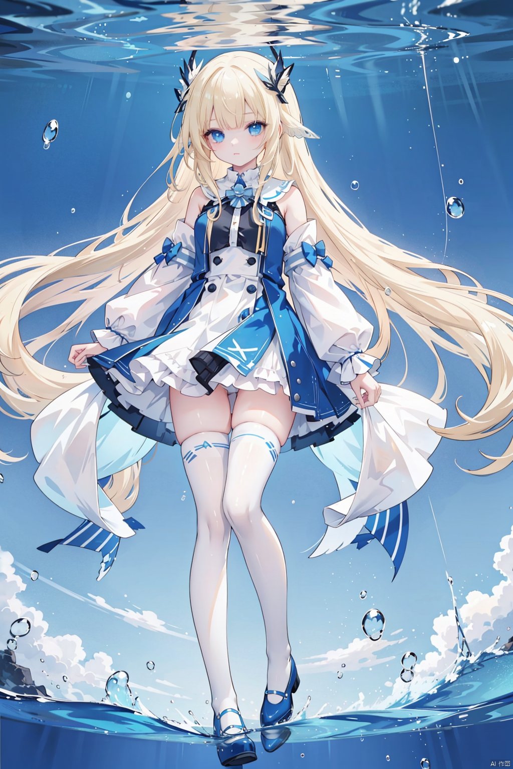 , 1girl, long hair, solo, blonde hair, thighhighs, dress, blue thighhighs, white dress, very long hair, fish, water, underwater, zettai ryouiki, blue theme, wide shot, scenery, ocean, blue eyes, black thighhighs, blue footwear, floating hair