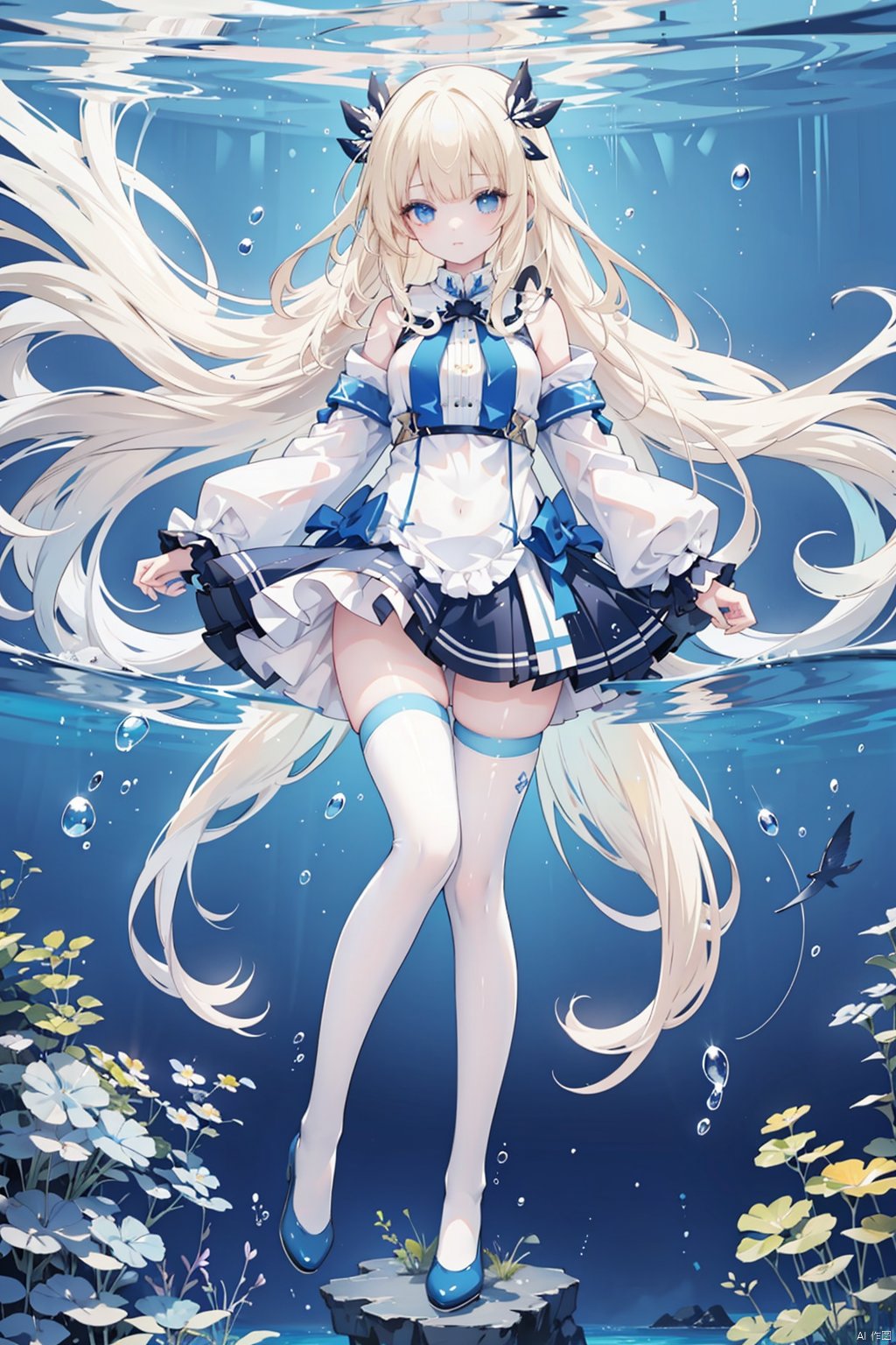 , 1girl, long hair, solo, blonde hair, thighhighs, dress, blue thighhighs, white dress, very long hair, fish, water, underwater, zettai ryouiki, blue theme, wide shot, scenery, ocean, blue eyes, black thighhighs, blue footwear, floating hair