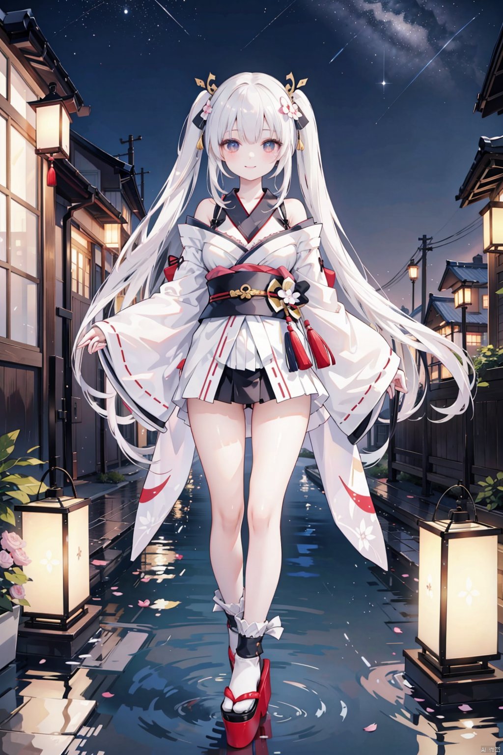 , 1girl, long hair, solo, japanese clothes, kimono, white hair, lantern, wide sleeves, night, breasts, looking at viewer, geta, tabi, socks, paper lantern, cleavage, water, night sky, sky, full body, sash, panties, platform footwear, smile, dutch angle, underwear, standing, twintails, hand fan, bangs, holding, off shoulder, long sleeves