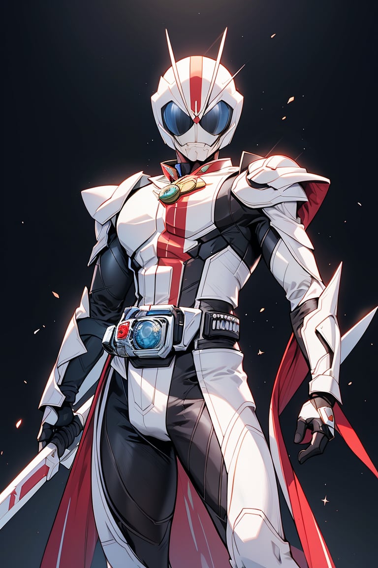 Kamen Rider stands solo in a radiant white aura, exuding perfection as he strikes a powerful pose (1.3) showcasing flawless anatomy. The long shot (1.4) captures his majestic figure against a simple yet striking background. A warm glow of natural and professional lighting (1.3) highlights every detail, with crisp shadows adding depth to the image. His gaze meets the viewer's directly, inviting an intense connection. Every aspect, from the ultra-detailed texture to the sharp focus, is meticulously crafted for a masterpiece in 8K quality.,krmach