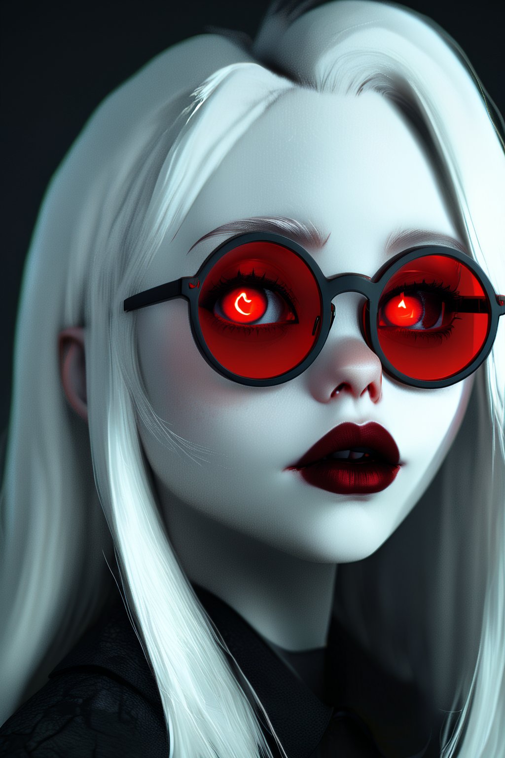 Mavelle, 1girl, pale skin, glowing eyes, red eyes, round glasses, white hair, lipstick, detailed, 4k, hd, unreal engine, 3d , realistic