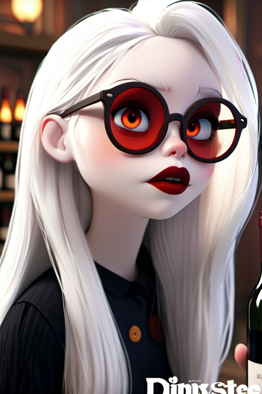 Mavelle, 1girl, pale skin, glowing eyes, round glasses, white hair, wine lipstick, detailed, 4k, hd, unreal engine, 3d render, realistic,disney pixar style