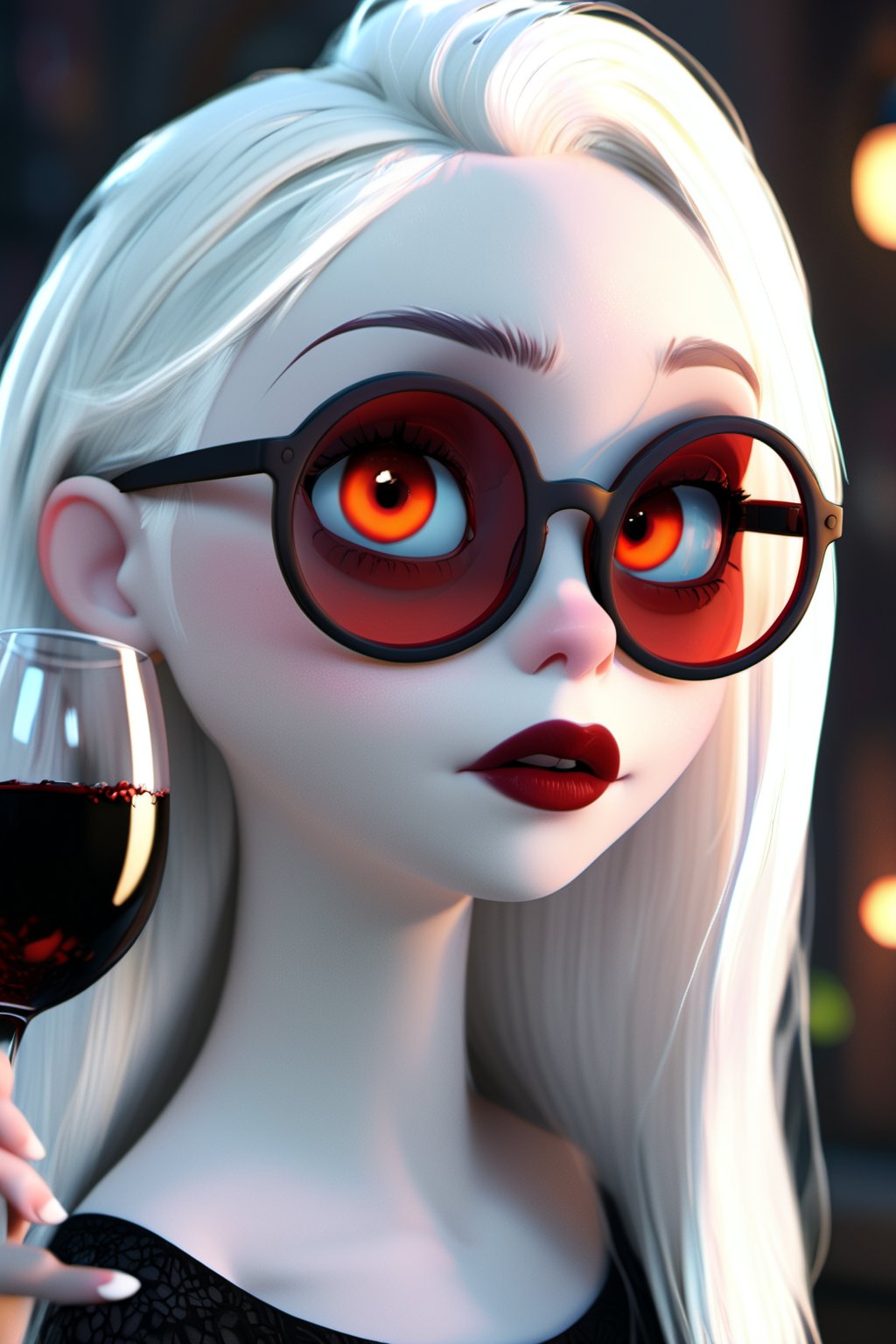 Mavelle, 1girl, pale skin, glowing eyes, round glasses, white hair, wine lipstick, detailed, 4k, hd, unreal engine, 3d render, realistic,disney pixar style