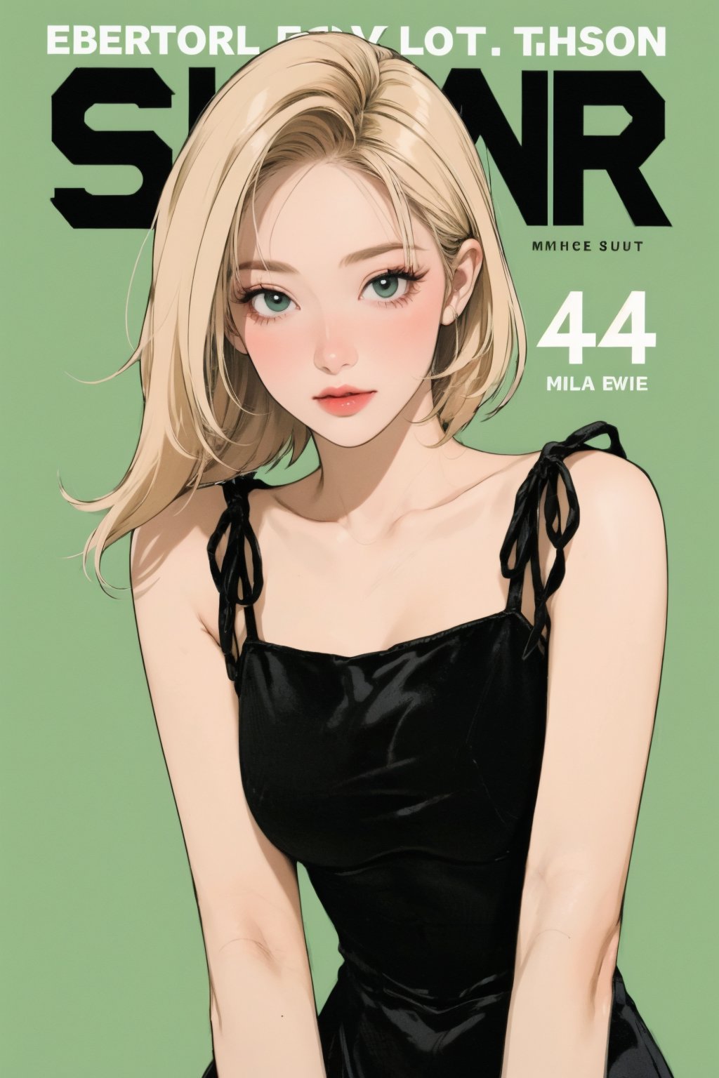 1girl, standing, thigh up body, blonde hair, (tennis girl outfit,) 2D artstyle, magazine cover, outline, looking at viewer, earings, blush, green background, hairstyle, ultra detailed, best quality, sharp focus, kmiu,