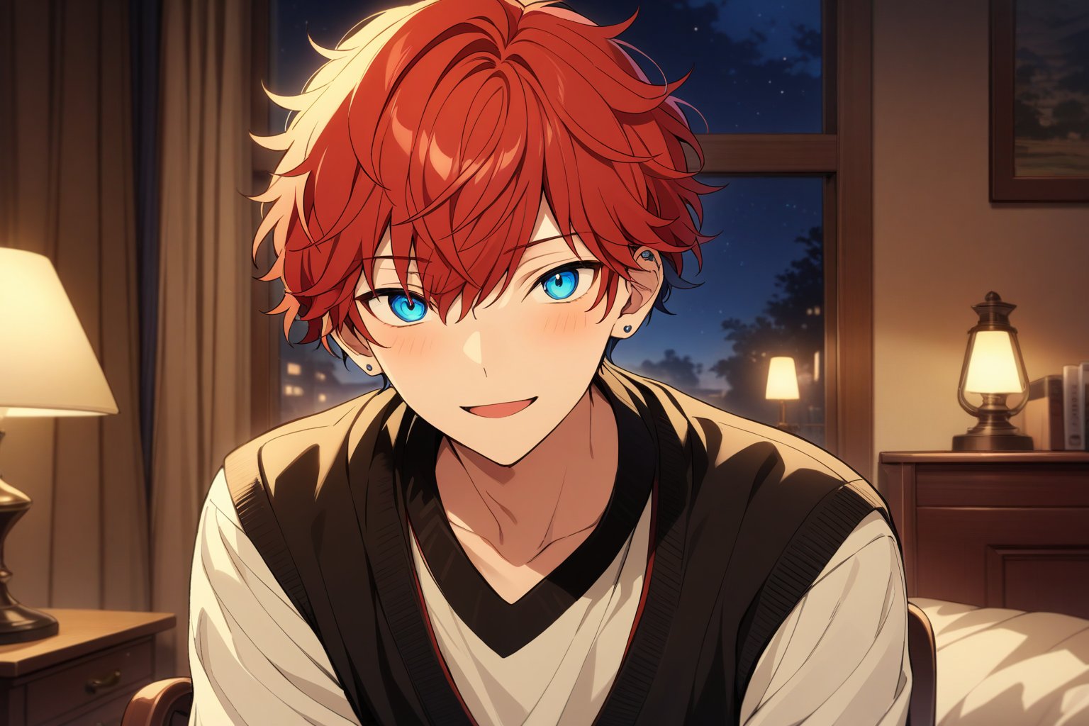 masterpiece, best quality, 1boy, amagi_hiiro, red hair, blue eyes, short hair, hair between eyes, earring on left ear, solo, male focus, very detailed face, looking at viewer, facing viewer, portrait, upper body, excited, bedroom background, sitting, chair, lamp, night, window,