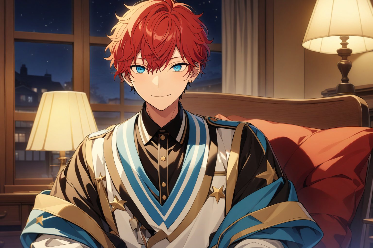 masterpiece, best quality, 1boy, amagi_hiiro, ensemble stars, red hair, blue eyes, short hair, hair between eyes, earring on left ear, solo, male focus, very detailed face, looking at viewer, facing viewer, portrait, upper body, happy, bedroom background, sitting, chair, lamp, night, window,