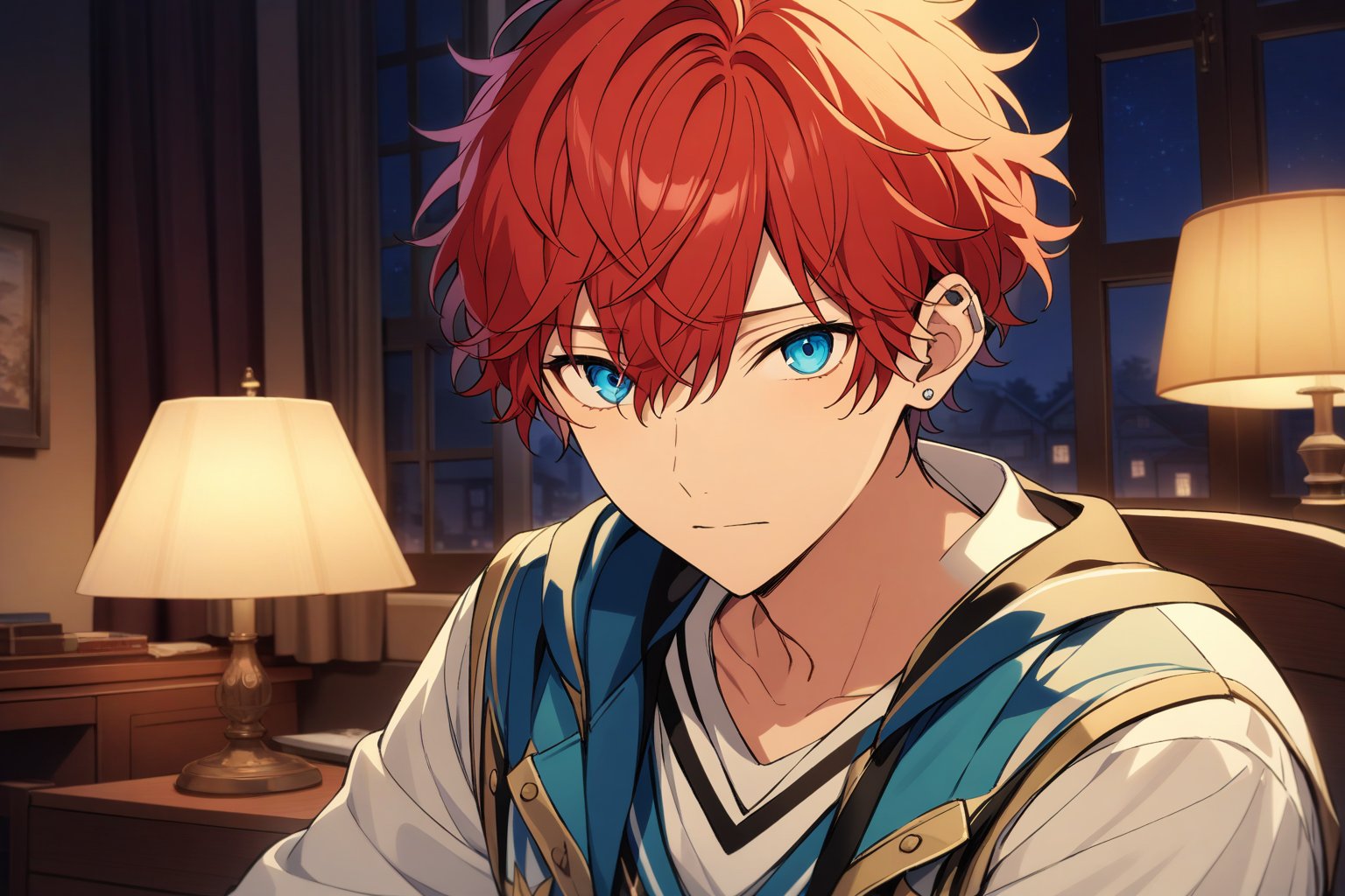 masterpiece, best quality, 1boy, amagi_hiiro, ensemble stars, red hair, blue eyes, short hair, hair between eyes, earring on left ear, solo, male focus, very detailed face, looking at viewer, facing viewer, portrait, upper body, sad, bedroom background, sitting, chair, lamp, night, window,