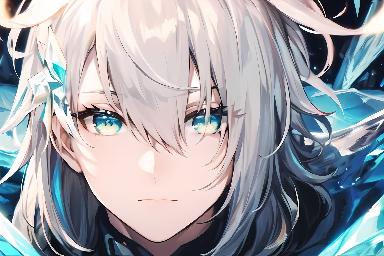 masterpiece, best quality, Looking at viewer, male_focus, upper_body, 1boy,  

Pavel,White hair,green eyes, Ahoge,hair ornament, long hair, close-up, ice_magic,