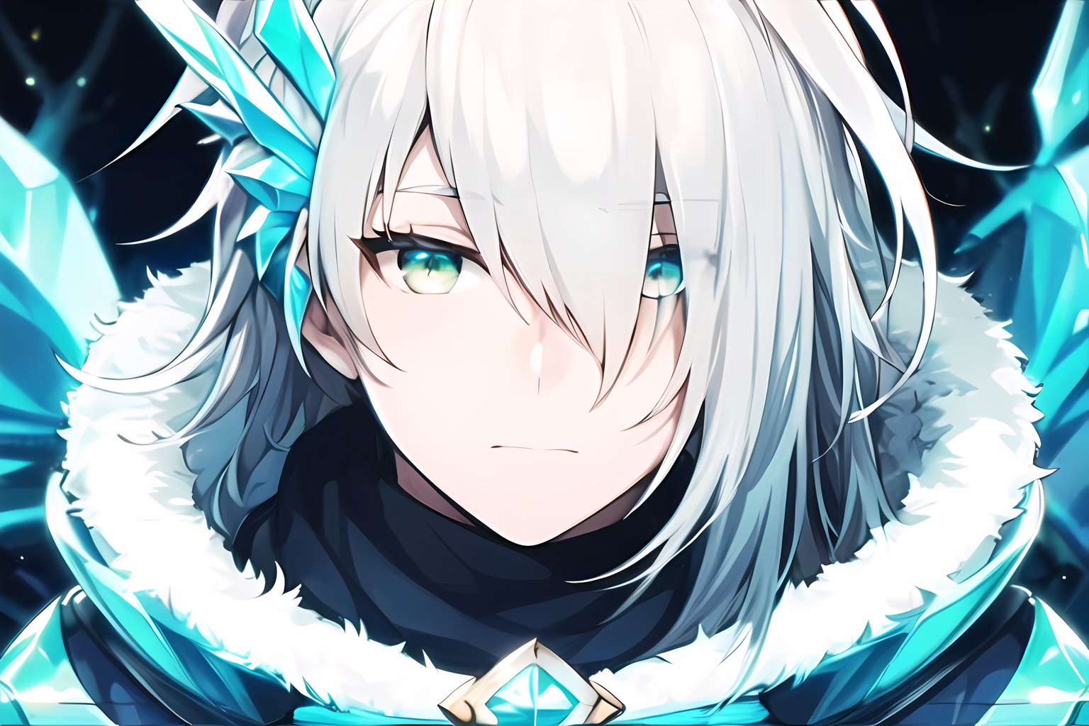 masterpiece, best quality, Looking at viewer, male_focus, upper_body, 1boy,  

Pavel,White hair,green eyes, Ahoge,hair ornament, long hair, close-up, ice_magic,