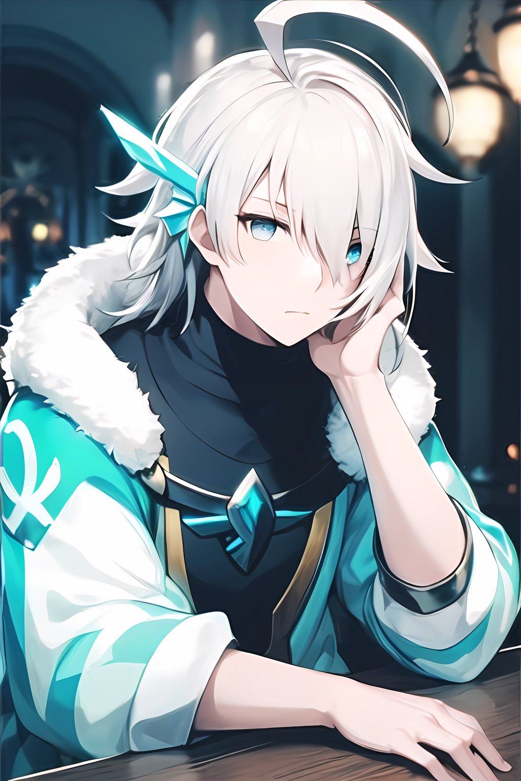masterpiece, best quality, Looking at viewer, male_focus, upper_body, 1boy,  

Pavel,White hair,blue eyes, Ahoge, long hair, close-up,  indoors, sitting, 