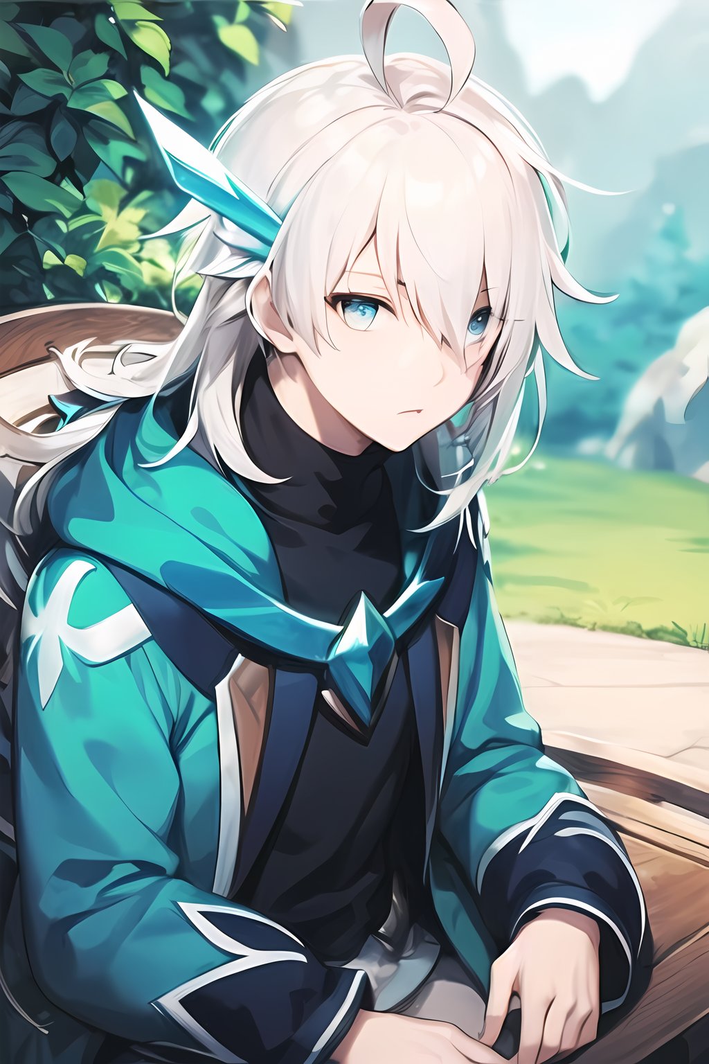 masterpiece, best quality, Looking at viewer, male_focus, upper_body, 1boy,  

Pavel,White hair,blue eyes, Ahoge, long hair, close-up,  outdoors, sitting, 