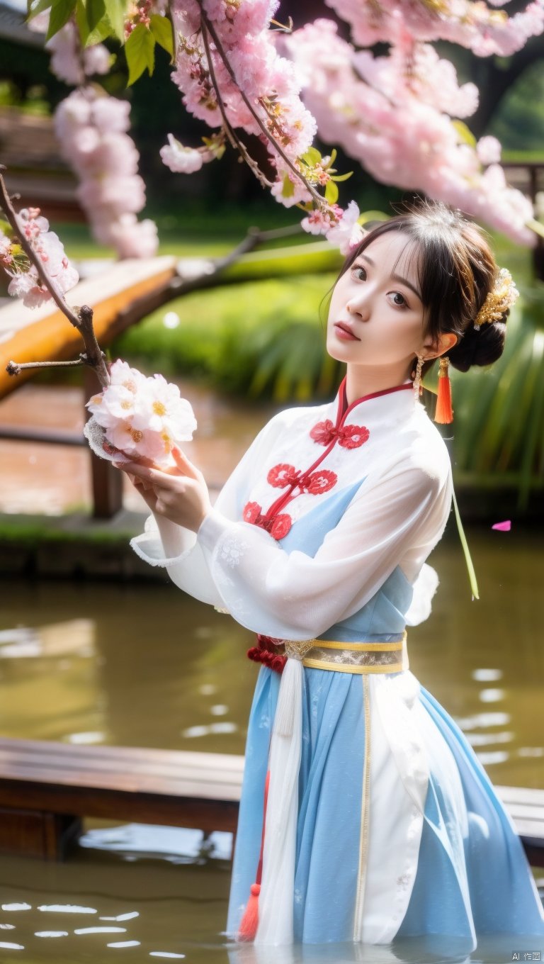  1girl, dress, black hair, solo, blurry background, blue dress, looking up, chinese clothes, blurry, white dress, hair ornament, hair bun, bird, cherry blossoms, long sleeves, tree, full body, flower, outdoors, realistic, standing, rock, earrings, head tilt, jewelry, upper body, single hair bun, branch, falling petals, water, holding, petals, snow, tassel, looking at viewer, parted lips, photo background, short hair, animal, closed mouth, holding animal, teeth, expressionless, weibo logo