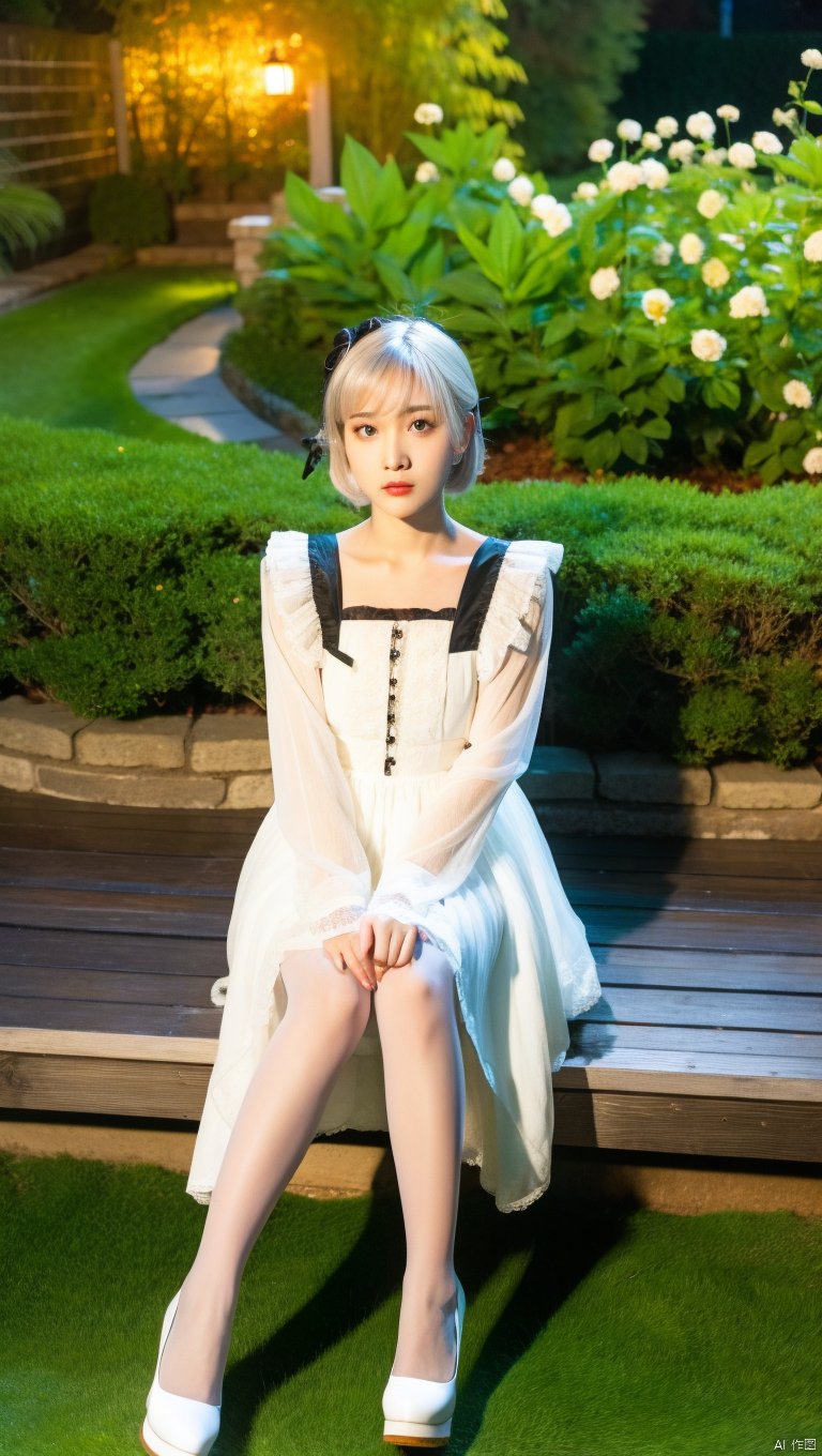  1girl, solo, pantyshot,dress,sitting, pantyhose, long hair,platform, platform footwear, brown hair, shoes, full body, lolita fashion,white footwear, outdoors, frills,bangs,long sleeves,see-through, natural skin pantyhose, deep in the garden,night,looking_at_viewer,short hair, collarbone,breasts,sharply limbs,sitting on bench,, ribbon,