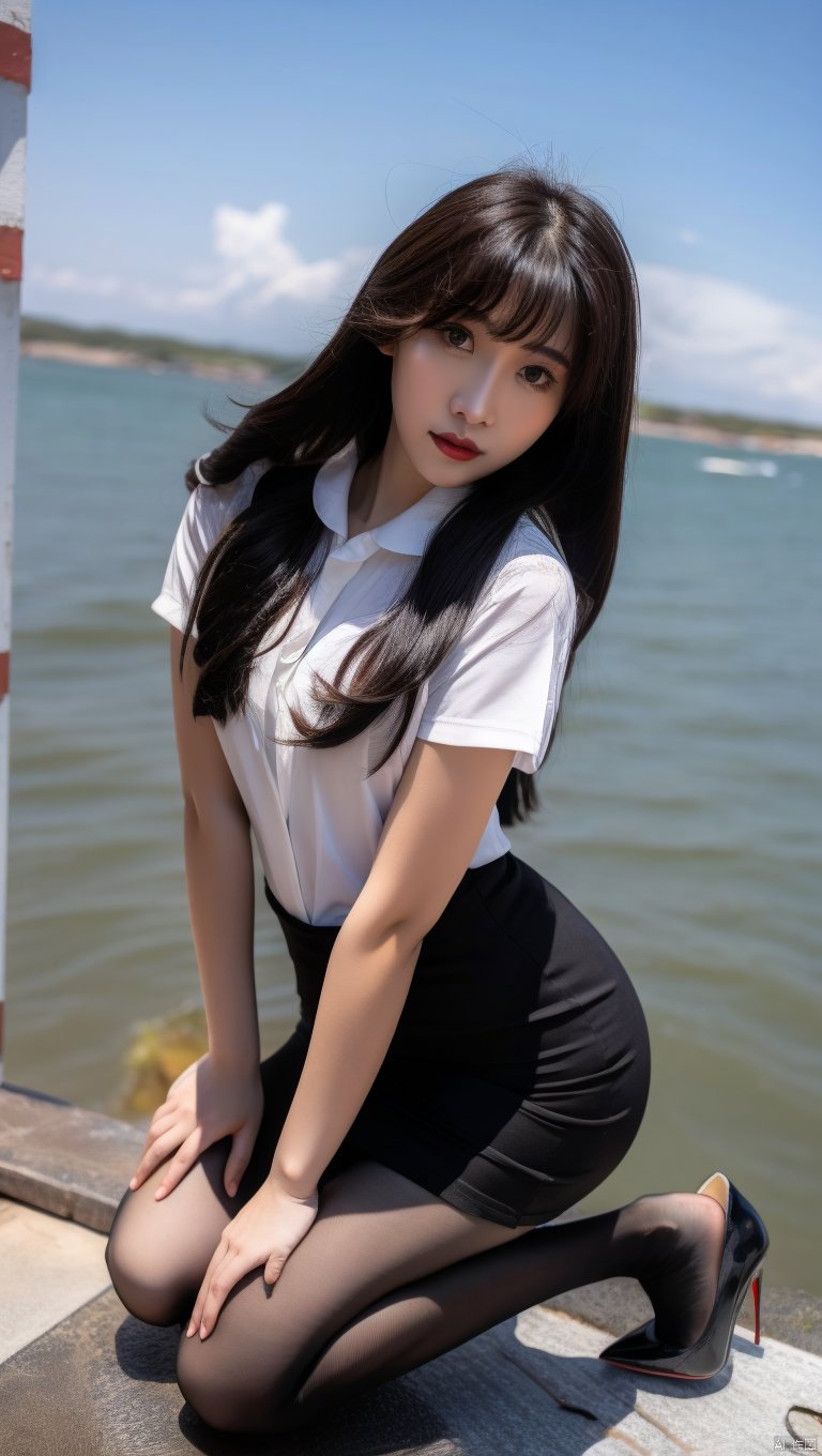  1girl, solo,black hair,long hair, red lips,shirt ,skirt, brown eyes, pantyhose, kneeling,looking at viewer,full body, shoes, short sleeves,white shirt,breast,black skirt, oudoors,seaside,