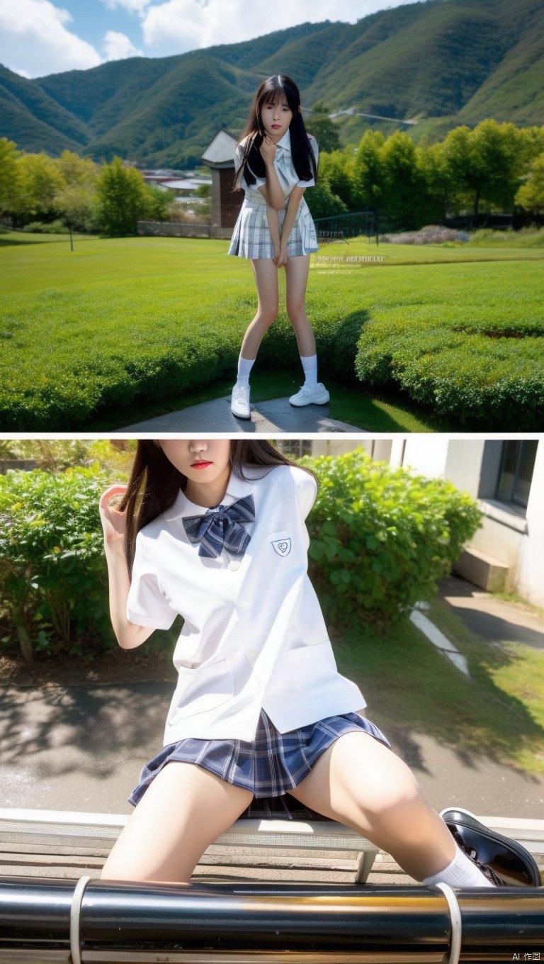  1girl, solo, long hair,socks, skirt/(jkfangxue2/),skirt,full body, white socks,standing,spread legs, plaid, school uniform,shoes,black footwear,white shirt, outdoors, through clothes, short sleeves, fingering through clothes,striped bow, frilled socks, bare legs, thighs,