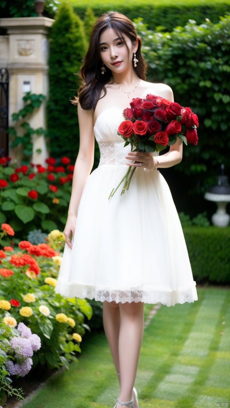  1 girl,.flower, dress, jewelry, earrings, long hair, brown hair, white dress, wedding dress, red flower, veil, rose, bare shoulders, holding bouquet, (Sunny Day, Walking in the Garden),looking at viewer,