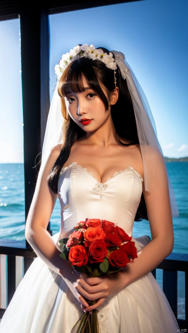 1 girl,solo,ocean,outdoors,bouquet, flower, dress, jewelry, earrings, long hair, brown hair,hanfu dress, wedding dress,lolanse, red flower, veil, rose, bare shoulders, holding bouquet, white rose, sleeveless dress,standing, hair bow, bridal veil, bride, sleeveless, bow, ribbon, black hair, red lips, hair ribbon, lips, breasts,BREAK,collarbone,breasts,deep cleavage, strapless,