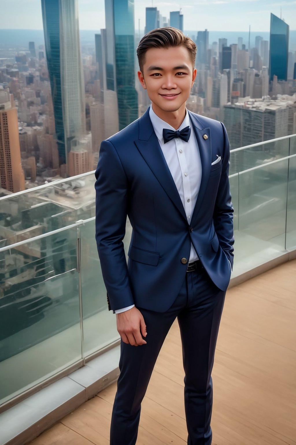 Handsome Chinese male, 30 years old, handsome, attractive, sunny, smiling, wearing a handsome suit, standing on the top of a skyscraper