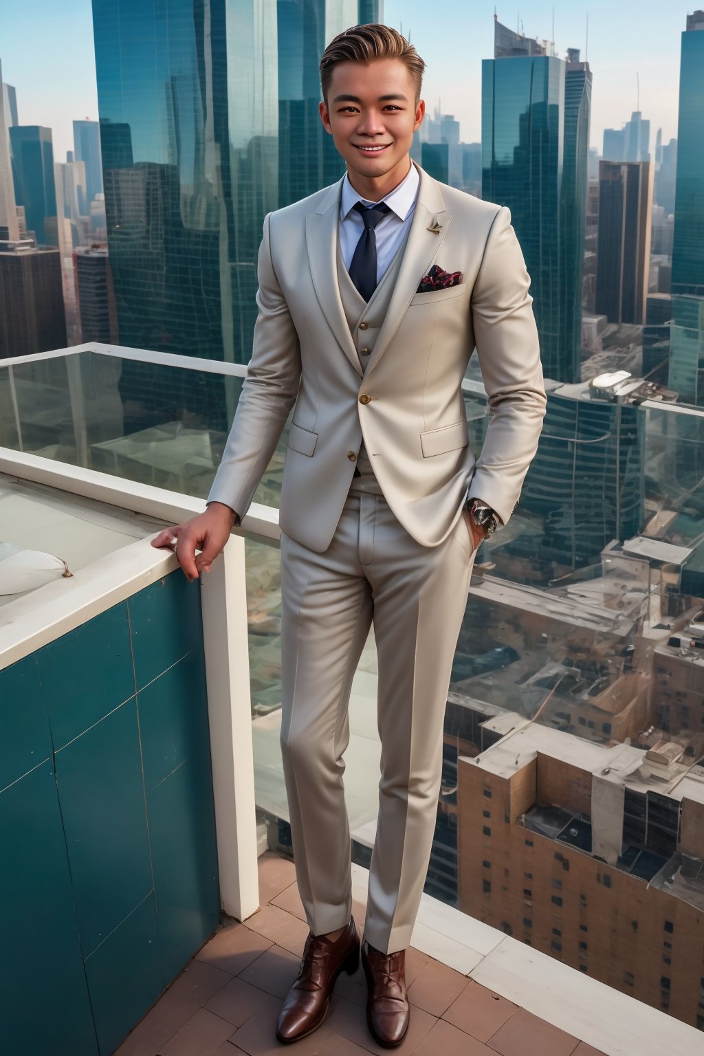 Handsome Chinese male, 30 years old, handsome, attractive, sunny, smiling, wearing a handsome suit, standing on the top of a skyscraper