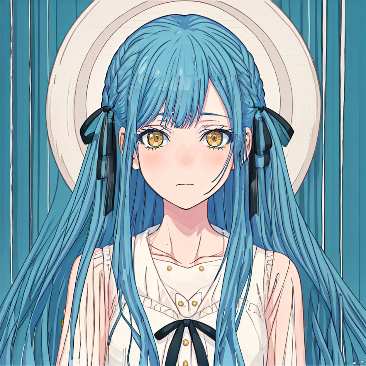  1girl, solo, masterpiece, best quality, sakiko,  1girl, solo, long hair, looking at viewer, dress, ribbon, bare shoulders, closed mouth, blue hair, collarbone, hair ribbon, yellow eyes, white dress, black ribbon, 
