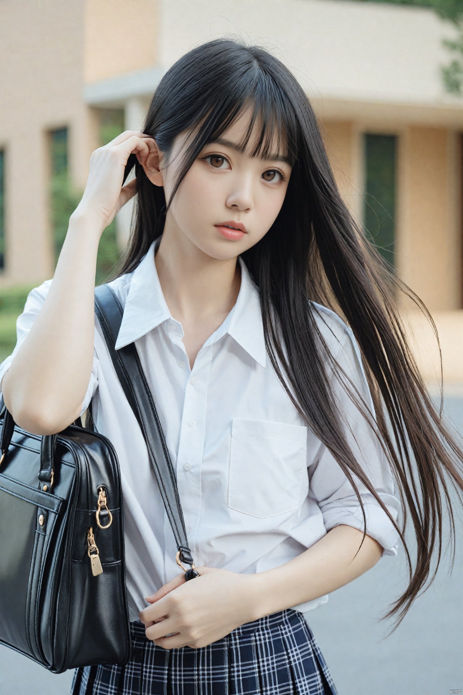  masterpiece,Realism,best quality,loli,1girl, long hair, bag, black hair, solo, school uniform, shirt, sleeves rolled up, blurry, looking at viewer, skirt, school bag, white shirt, realistic, lips, depth of field, upper body, black eyes, shoulder bag, brown eyes, nose, parted lips, plaid, plaid skirt, collared shirt