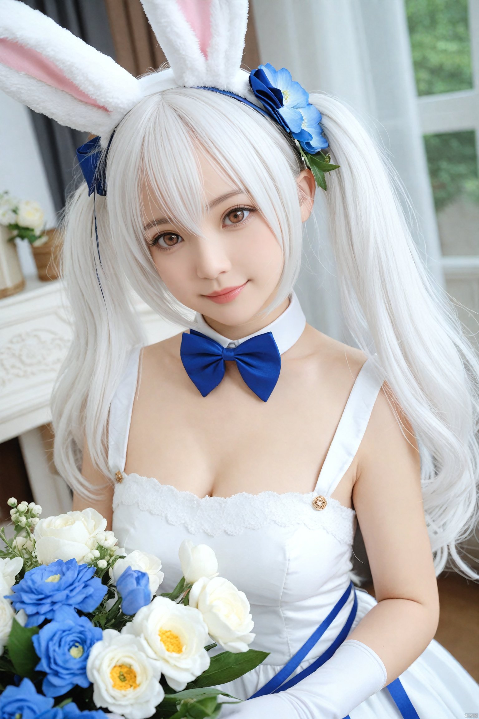  masterpiece,Realism,best quality,loli,1girl,animal ears,solo,flower,gloves,rabbit ears,white gloves,white hair,hair ornament,dress,looking at viewer,hair flower,white dress,twintails,blurry background,blurry,hair between eyes,bow,upper body,white flower,fake animal ears,brown eyes,official alternate costume,lips,blue flower,blue bow,bowtie,ribbon,dutch angle,long hair,breasts,blue bowtie,closed mouth,laffey (azur lane),realistic,smile,signature,blue ribbon,bouquet,head tilt,artist name,