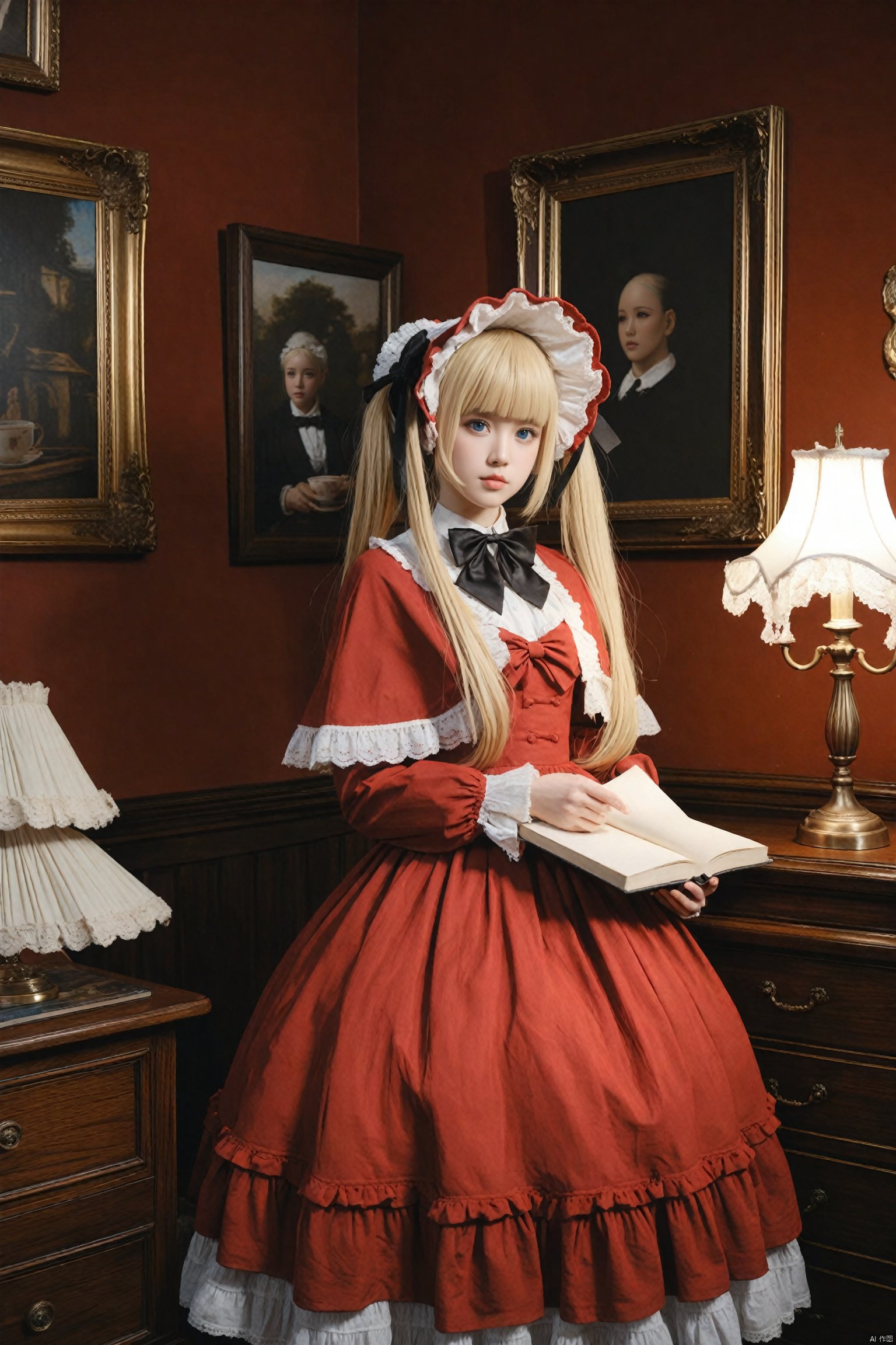  masterpiece,Realism,best quality,loli,1girl,blonde hair,shinku,dress,book,blue eyes,solo,bonnet,bow,holding,flower,lamp,rose,looking at viewer,long hair,red dress,black bow,frills,bowtie,realistic,long sleeves,indoors,frilled dress,cup,lips,lolita fashion,red headwear,capelet,lace trim,twintails,holding book,black bowtie,teacup,open book,lace,red flower,picture frame,standing,closed mouth,hat,painting (object),red rose,lace-trimmed sleeves,blunt bangs,nose,ribbon,head tilt,desk lamp,