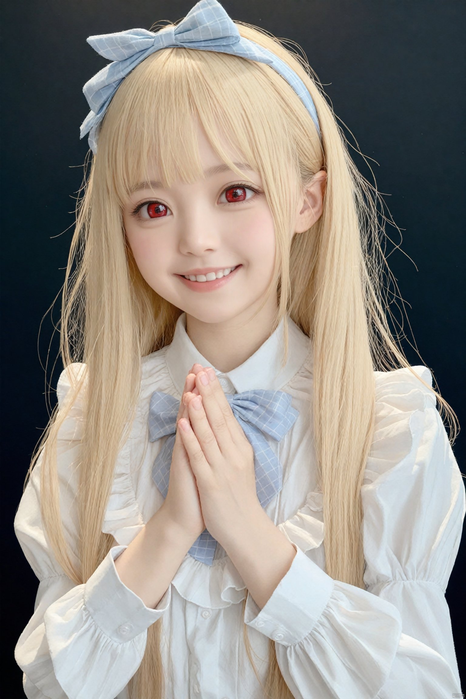  masterpiece,Realism,best quality,loli,1girl, solo, blonde hair, red eyes, long hair, looking at viewer, smile, long sleeves, open mouth, upper body, black background, bangs, blush, hairband, :d, own hands together, puffy sleeves, frills, bow, ribbon, white shirt, shirt, hands up, BREAK, fine fabric emphasis, best quality,amazing quality,very aesthetic,absurdres,masterpiece,best quality,amazing quality,very aesthetic,absurdres,