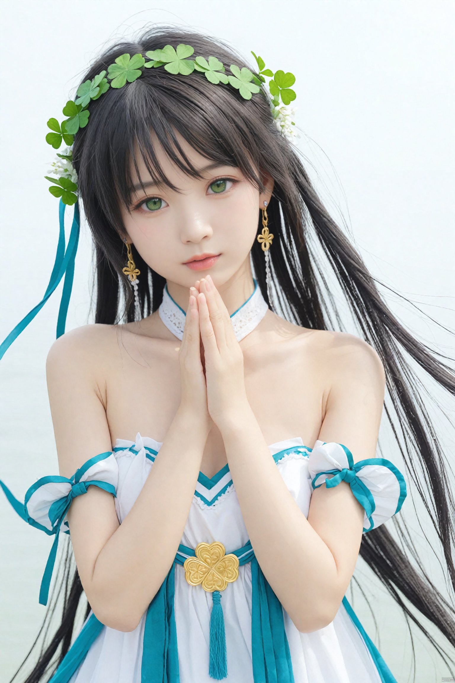  masterpiece,Realism,best quality,loli,1girl,Luo Tianyi (Vocaloid), clover, solo, long hair, green eyes, four-leaf clover, dress, flower, own hands together, looking at viewer, water, hair ornament, parted lips, very long hair, bangs, earrings, white background, jewelry, bare shoulders, upper body, white dress, hair flower, ribbon, simple background, hands up, blush