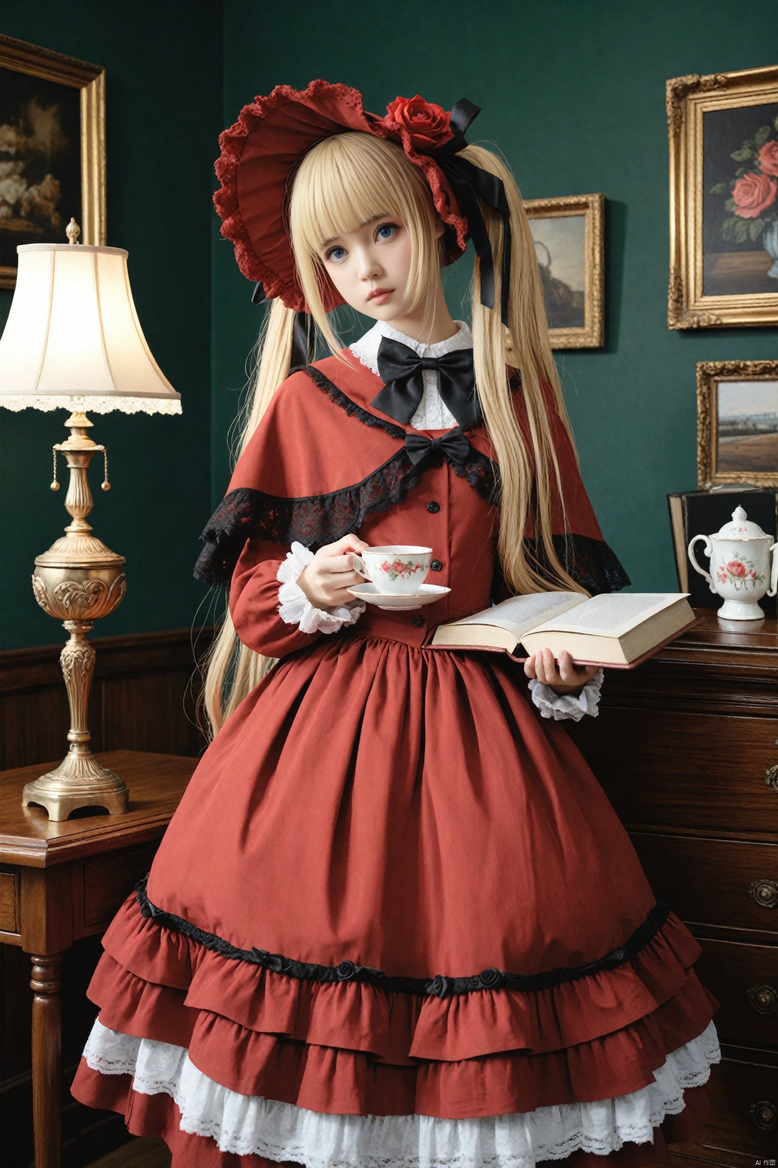  masterpiece,Realism,best quality,loli,1girl,blonde hair,shinku,dress,book,blue eyes,solo,bonnet,bow,holding,flower,lamp,rose,looking at viewer,long hair,red dress,black bow,frills,bowtie,realistic,long sleeves,indoors,frilled dress,cup,lips,lolita fashion,red headwear,capelet,lace trim,twintails,holding book,black bowtie,teacup,open book,lace,red flower,picture frame,standing,closed mouth,hat,painting (object),red rose,lace-trimmed sleeves,blunt bangs,nose,ribbon,head tilt,desk lamp,