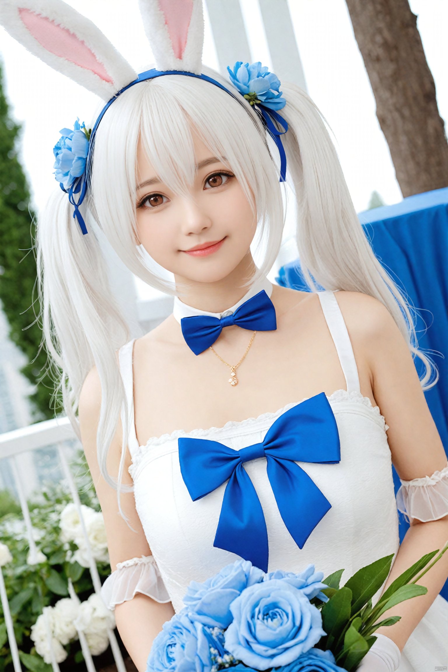  masterpiece,Realism,best quality,loli,1girl,animal ears,solo,flower,gloves,rabbit ears,white gloves,white hair,hair ornament,dress,looking at viewer,hair flower,white dress,twintails,blurry background,blurry,hair between eyes,bow,upper body,white flower,fake animal ears,brown eyes,official alternate costume,lips,blue flower,blue bow,bowtie,ribbon,dutch angle,long hair,breasts,blue bowtie,closed mouth,laffey (azur lane),realistic,smile,signature,blue ribbon,bouquet,head tilt,artist name,